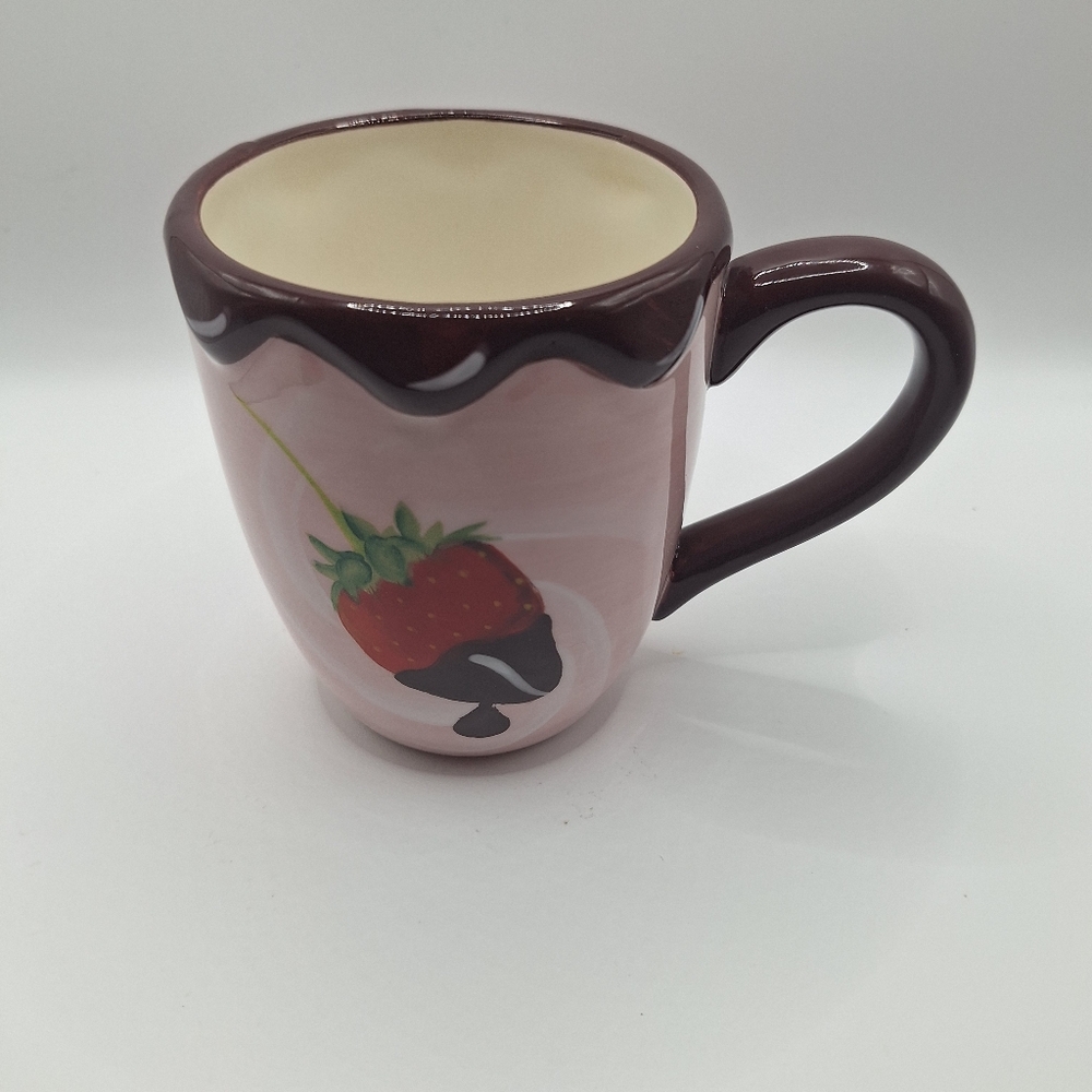 Pink Strawberry Dipped Ceramic Mug with Brown Trim